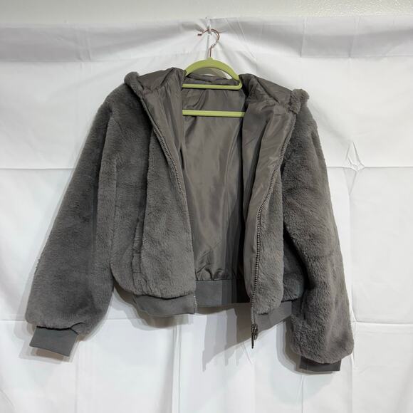 Gray Faux Fur Reversible Bomber Jacket Sz S NWOT - Picture 2 of 10